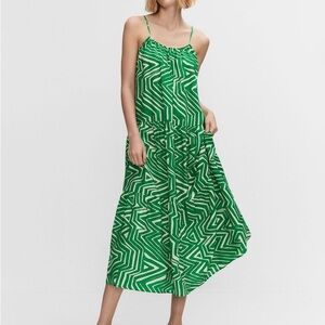MANGO Gari Midi Green & White Dress | Adjustable Spaghetti Strap Sundress XS